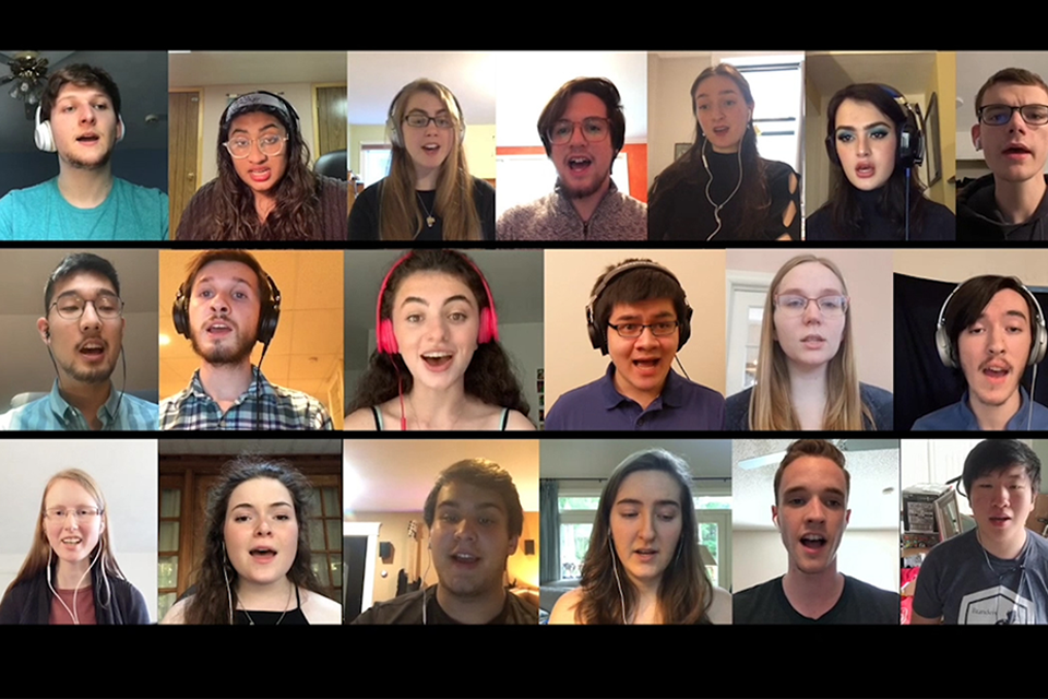 A collage of faces singing the alma mater