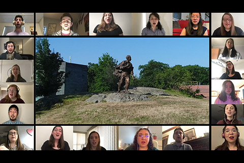 Brandeis Chamber Singers and University Chorus performing the Alma Mater via Zoom with an image of the Louis Brandeis statue in the center