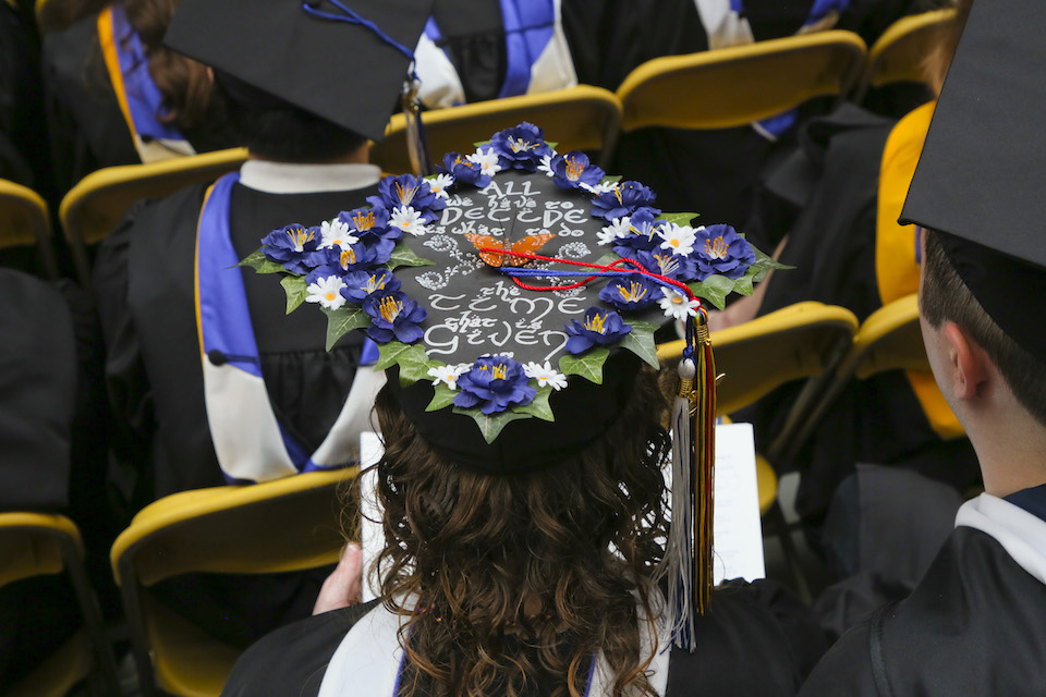 A student's motarboard, decorated with flowers