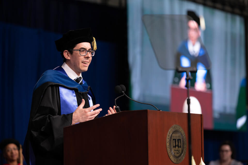Emiliano Gutierrez-Popoca, GSAS PhD’23  delivers the graduate student address at the Gosman Sports and Convocation Center during Graduate Commencement.