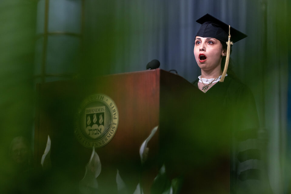 Honorary degree recipient Annette Gordon-Reed gives the Commencement address during the graduate Commencement ceremony.