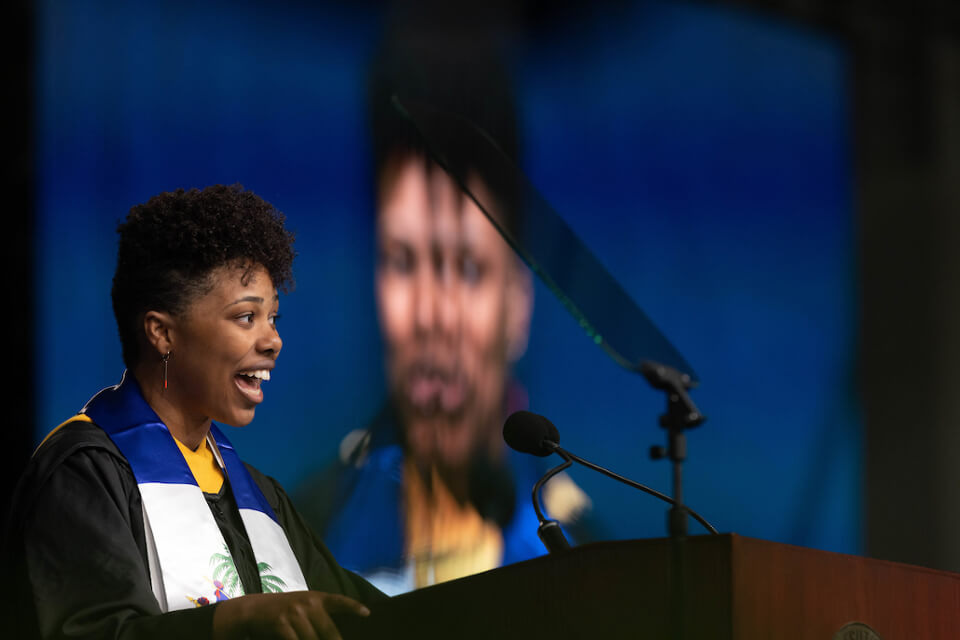 Nathalie Vieux-Gresham '23, GSAS MS '23, offered remarks to her classmates.