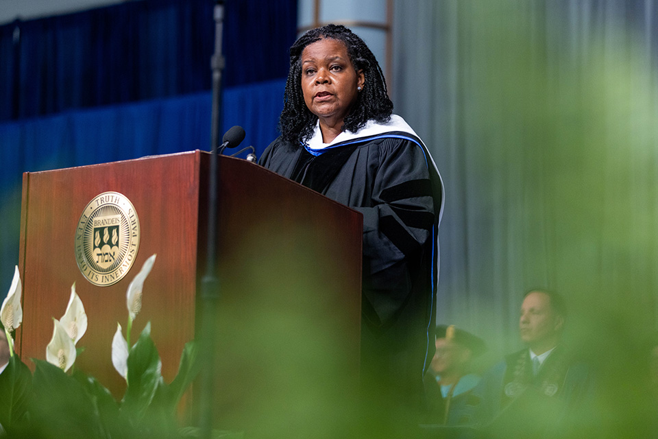 Honorary degree recipient Annette Gordon-Reed gives the Commencement address during the graduate Commencement ceremony