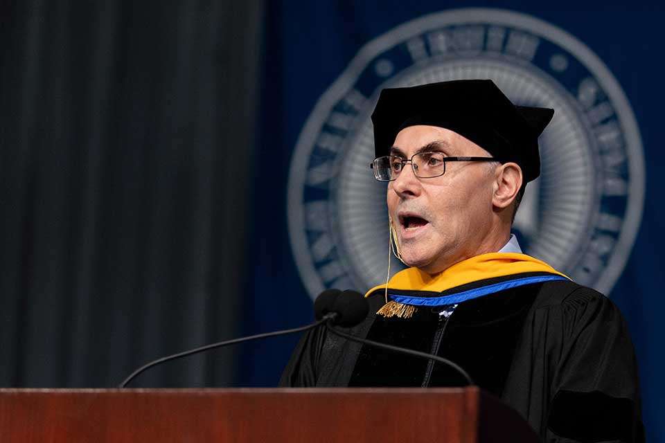 Honorary degree recipient Drew Weissman gives the Commencement address during the Undergraduate Commencement ceremony