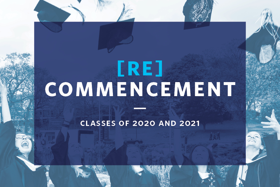Brandeis graduates throwing their caps in the air with text that reads [Re]Commencement Classes of 2020 and 2021