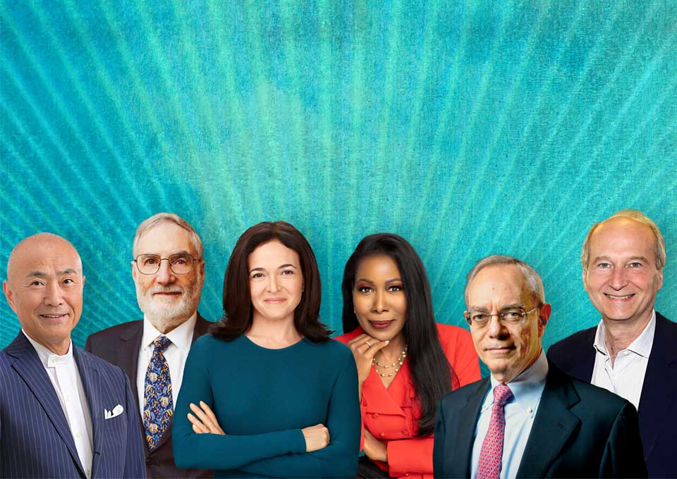 Collage of 6 individuals with a lively colorful background