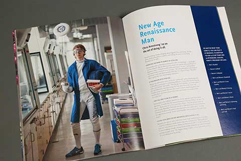 Spread about a science student in the Brandeis viewbook