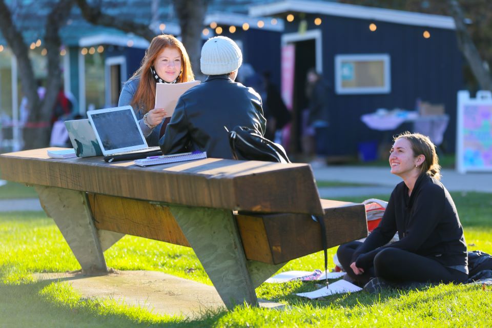 Group of students sitting at an outdoor table