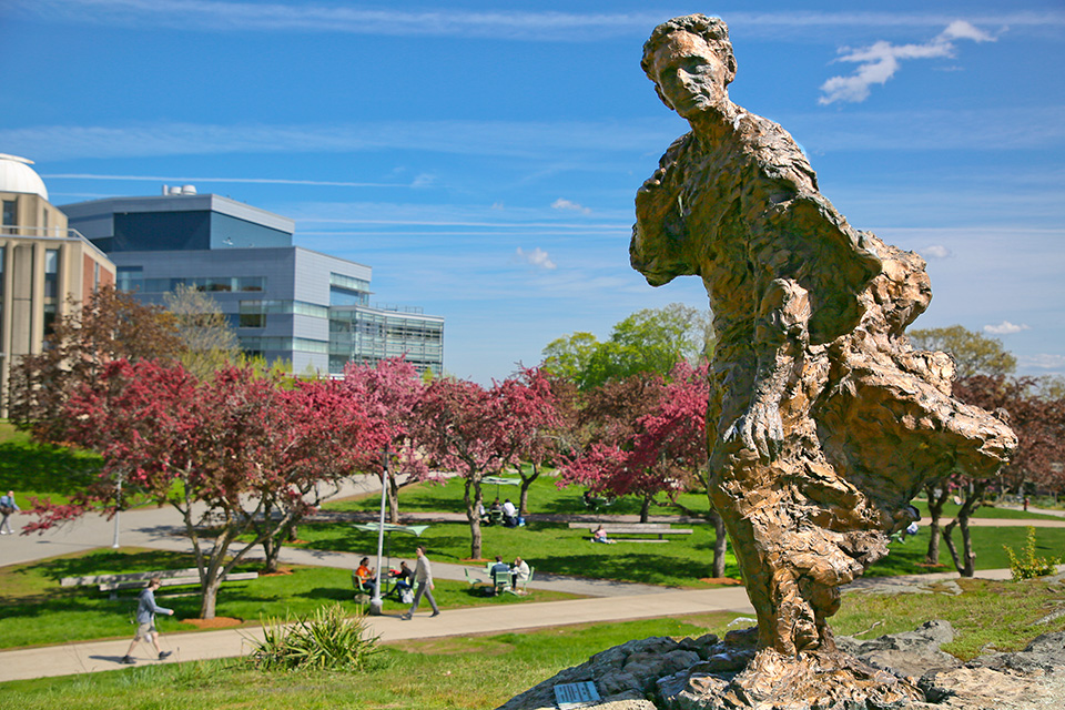 Louis Brandeis statue in springtime