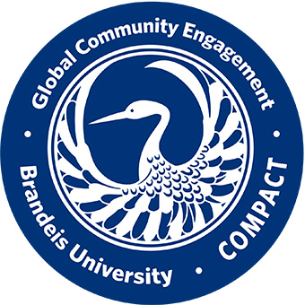 Illustration of a bird with wings spread. Words in a cirlce around it say "Global Community Engagement - Brandeis University - COMPACT