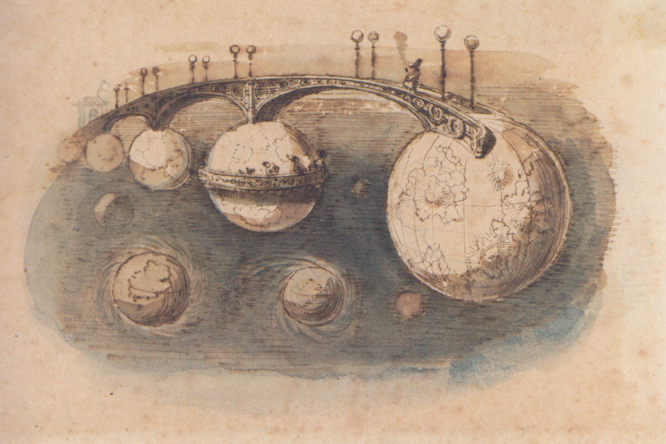 drawing of a bridge between planets