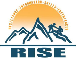 RISE logo - stick people climbing a mountain with the sun rising behind it.