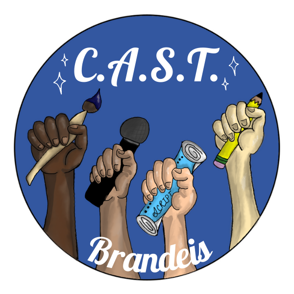 graphic of sticker with hands raised holding microphone, paint brush, script, and pencil