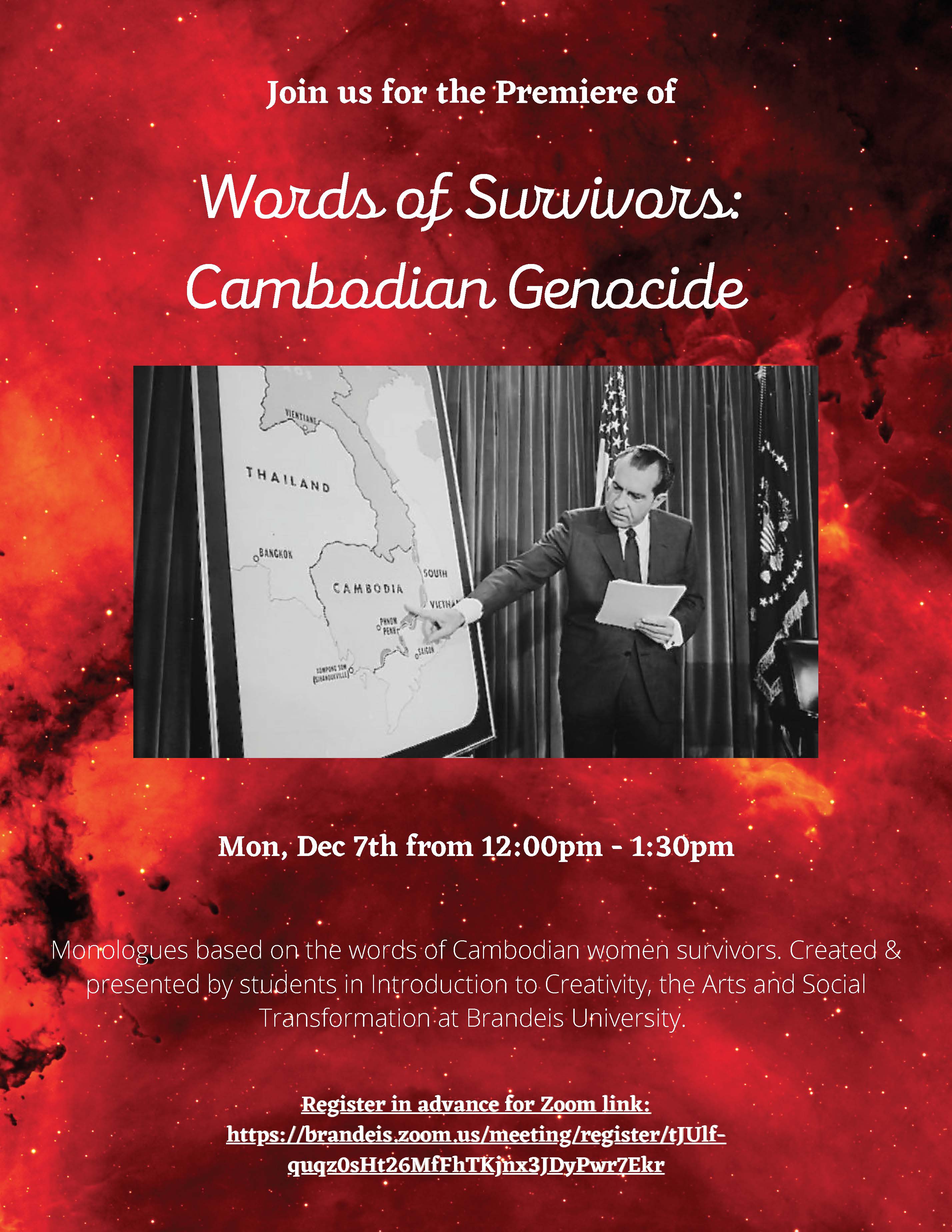event flyer with a photo of Richard Nixon pointing to a map of Cambodia