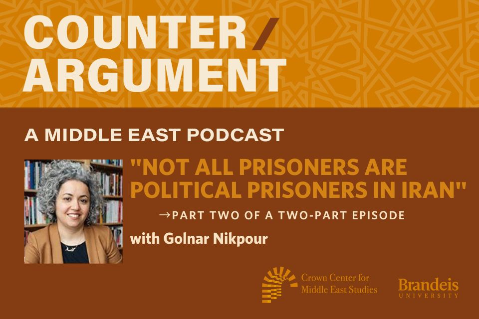 podcast cover art reading: Counter/Argument, a middle east podcast. "Not all prisoners are political prisoners in Iran."