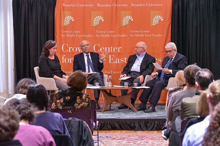 Seated on a stage from left to right: Michal Ben-Josef Hirsch, Khalil Shikaki, Shai Feldman, and Abdel Monem Said Aly