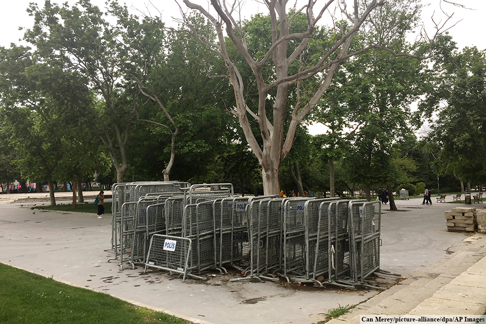 Police barriers in Gezi Park, Istanbul in May 2018, five years after the protest movement that swept Turkey. 