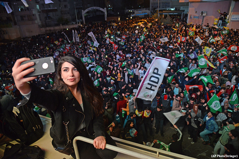 Supporters of the pro-Kurdish HDP (People’s Democratic Party) celebrate in the streets following the announcement of preliminary results of the local elections in Diyarbakır, south-east Turkey, in March 2019.