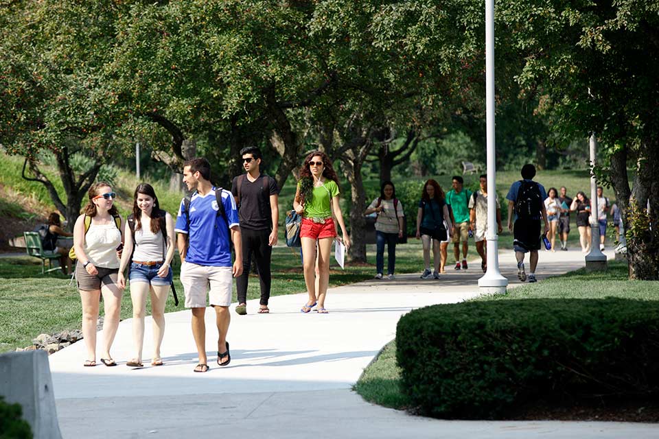 students walking around campus