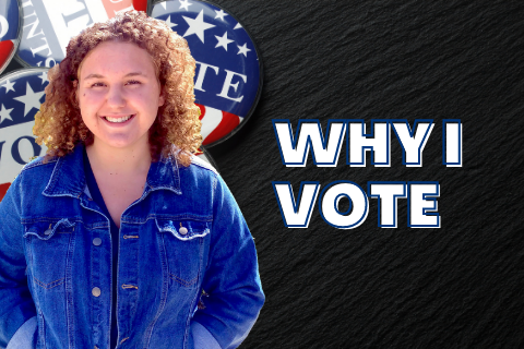 Eliza Welty standing next to the words Why I Vote with VOTE buttons behind