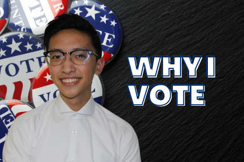 Anthony Fong standing next to the words Why I Vote with VOTE buttons in the background