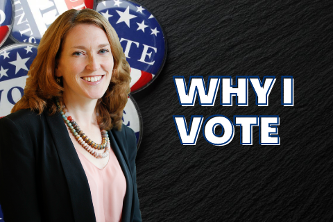 Jill Greenlee standing next to the words Why I Vote with VOTE buttons  in the background