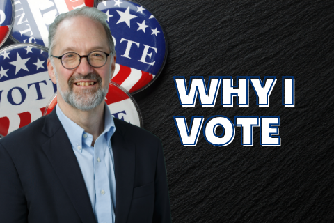 David Weil standing next to the words Why I Vote with VOTE buttons in the background