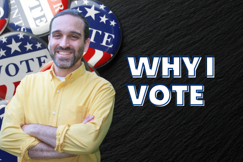 David Weinstein standing next to the words Why I Vote with VOTE buttons in the background