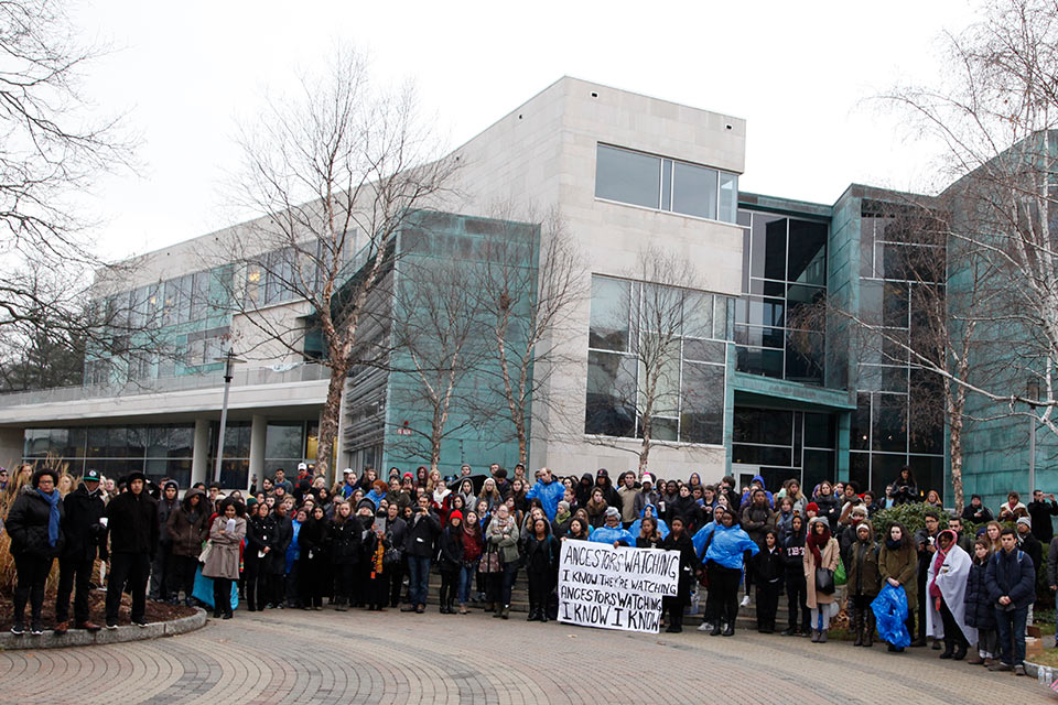 Student protesters in front of the Shapiro Campus Center