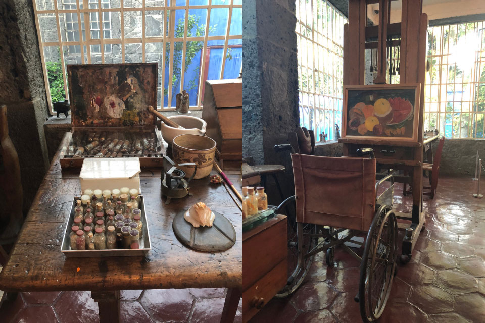 Juxtaposed photographs of Frida Kahlo's workspace, with her wheelchair in view