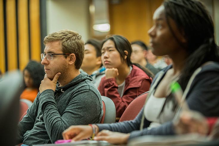 Several economics students sitting in in classroom