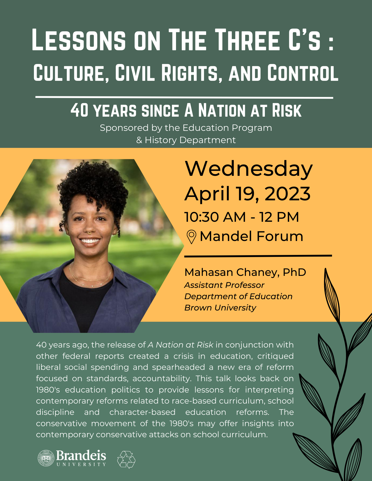 flyer for 4/19/23 talk by Mahasan Chaney