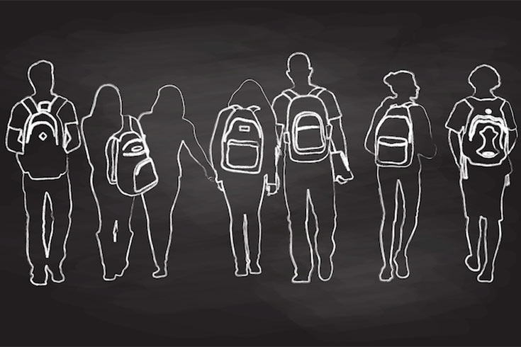 An illustration of students walking that is made to appear as though it was drawn on a chalkboard.