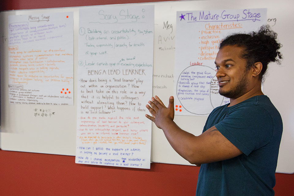 A teacher leadership program student leading a class presentation