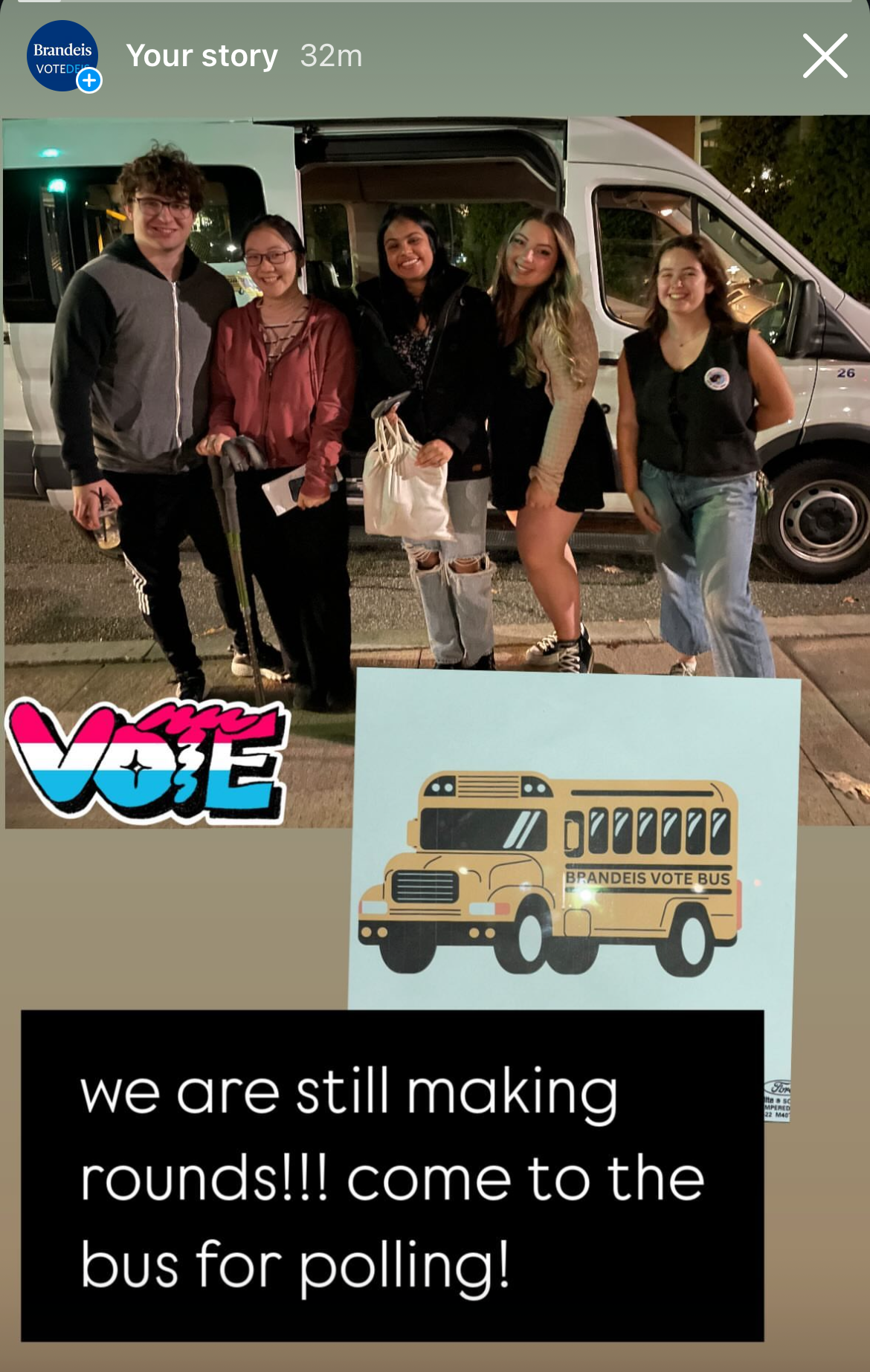 VoteDeis instagram post of Leventhal and students with the Brandeis Vote Bus