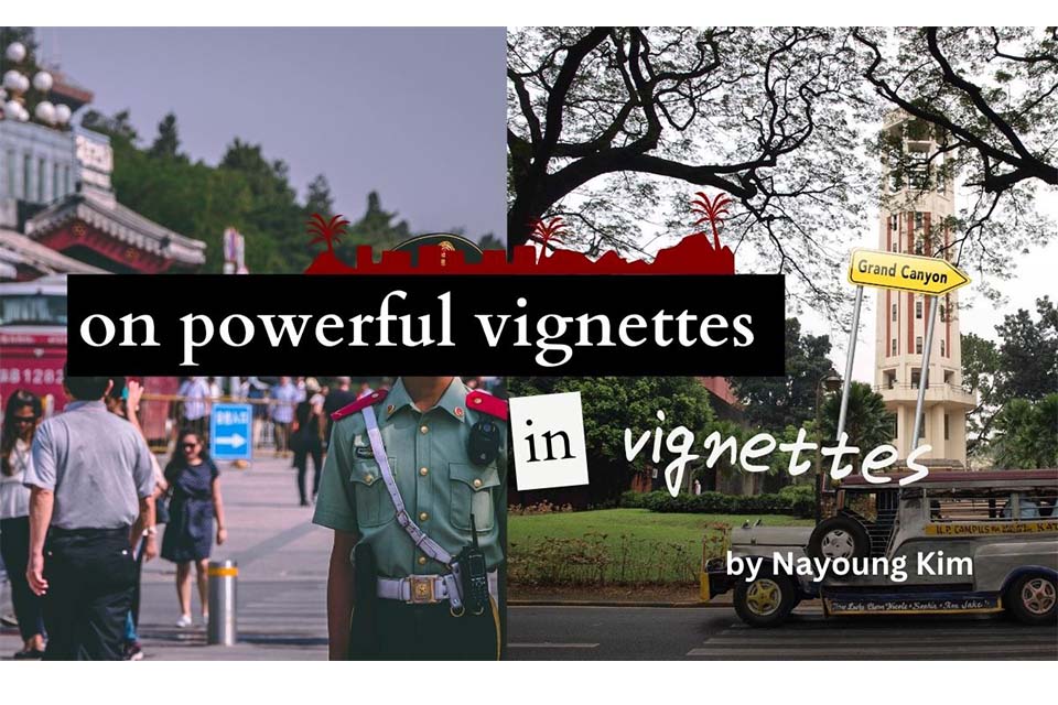 screenshot from Nai Kim's online dissertation - the words "On Powerful Vignettes in Vignettes" overlaid over photos of people walking in the street 