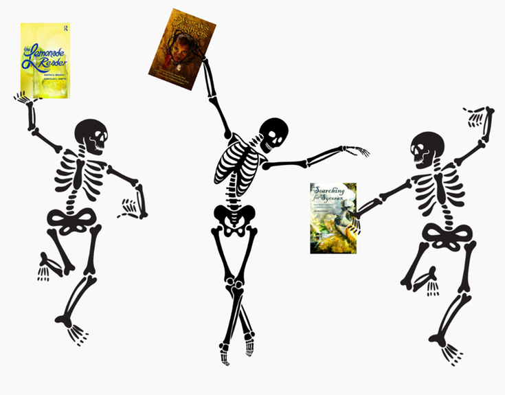 skeletons dancing with books