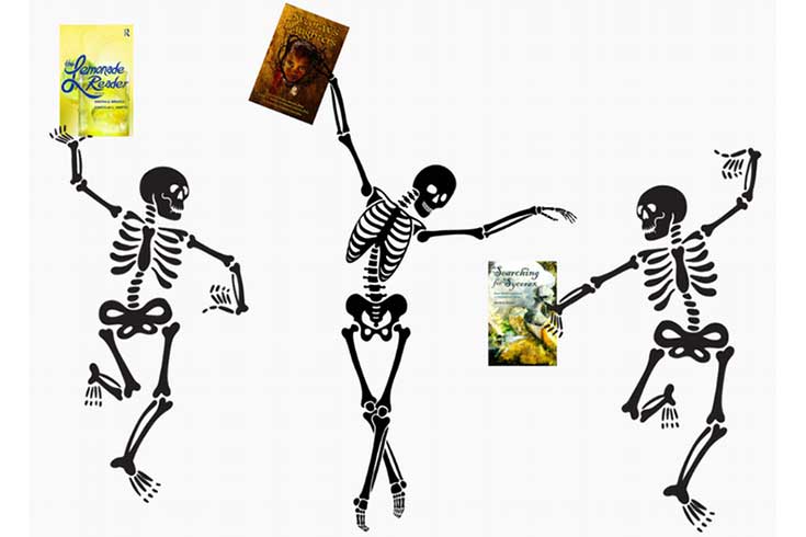 skeletons dancing with books