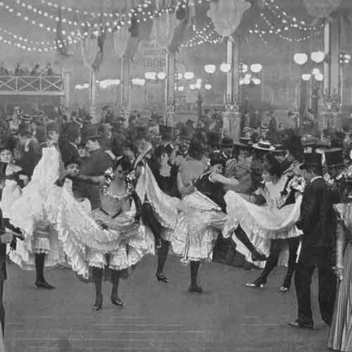 historical photo of a dance get-together, with women wearing can-can skirts