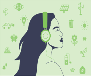 graphic of a woman with headphones and green background with little environmental icons 