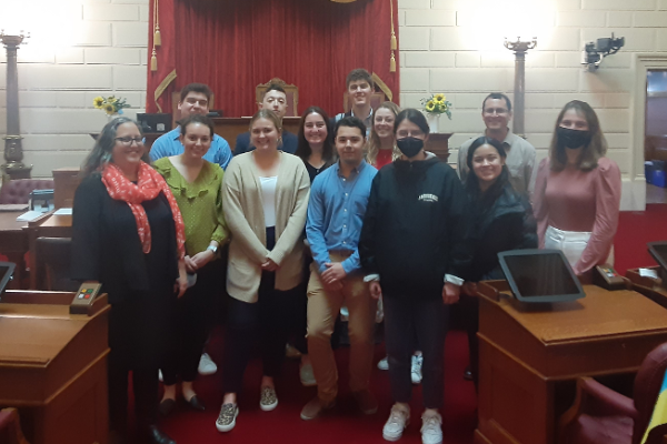 Professor Myers and his students at the RI State House