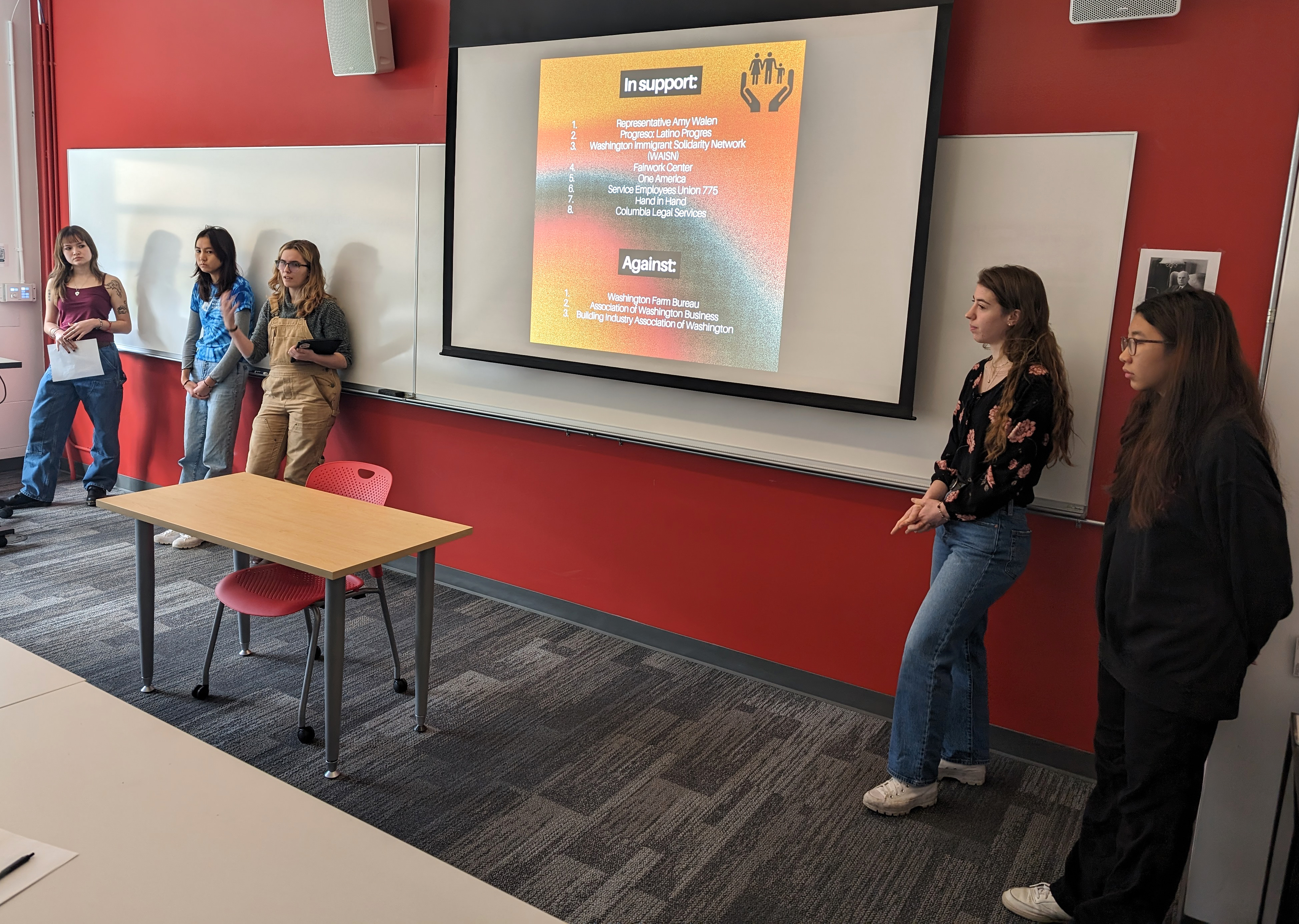 photo of students presenting in front of a classroom with a slide projected on a screen