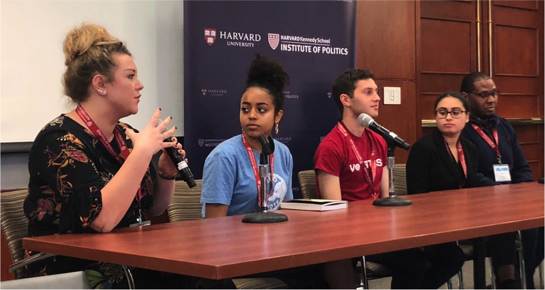 Zosia Busé ’20 at the first BostonVotes conference in 2019, at Harvard's Institute of Politics, presenting with a BostonVotes panel on campus voter engagement. 