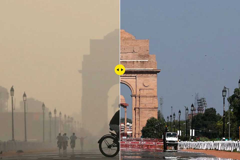 An image of the India Gate War Memorial, with a line down he middle, showing the image in October 2019 on the left and April 2020 on the right