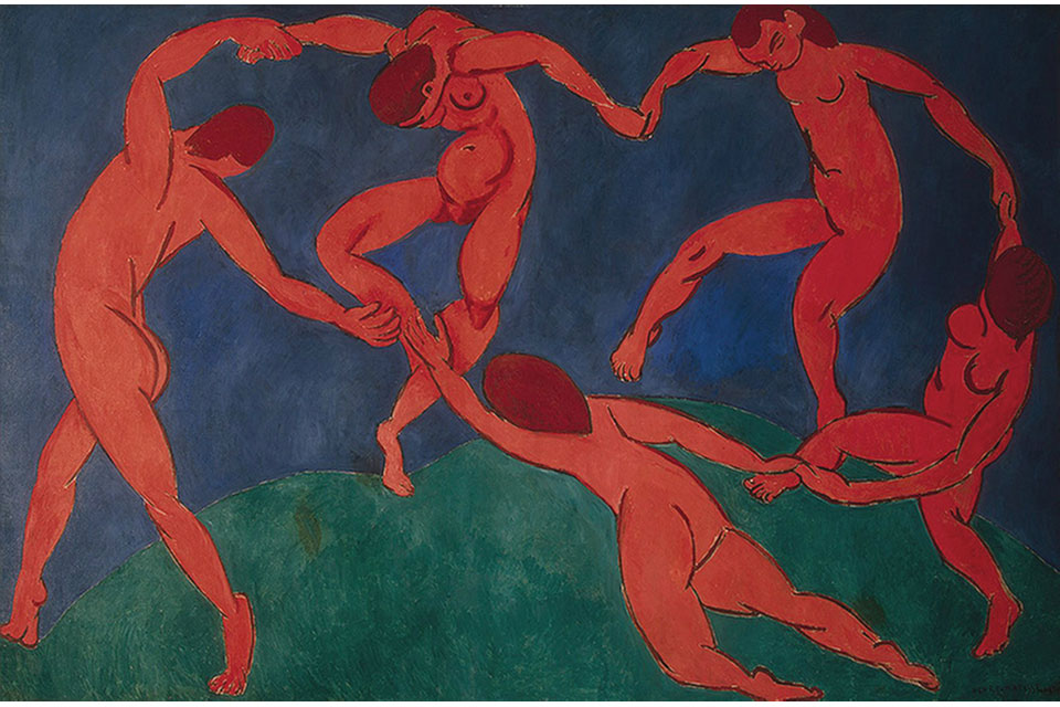 Matisse's Dance painting, red bodies holding hands dancing