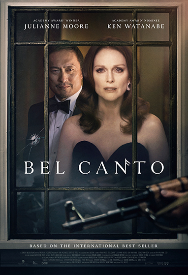 Bel Canto Poster: A man and a woman in evening wear look out a window