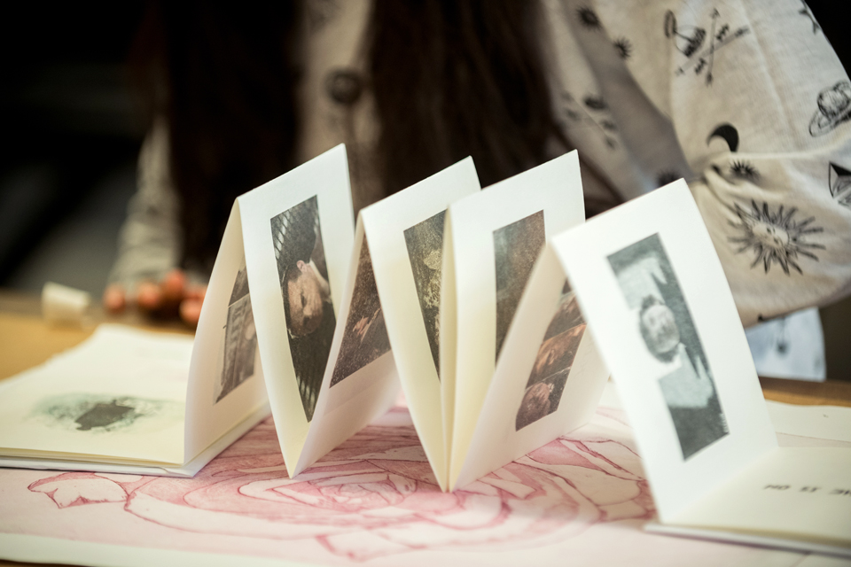 Accordion book in printmaking studio