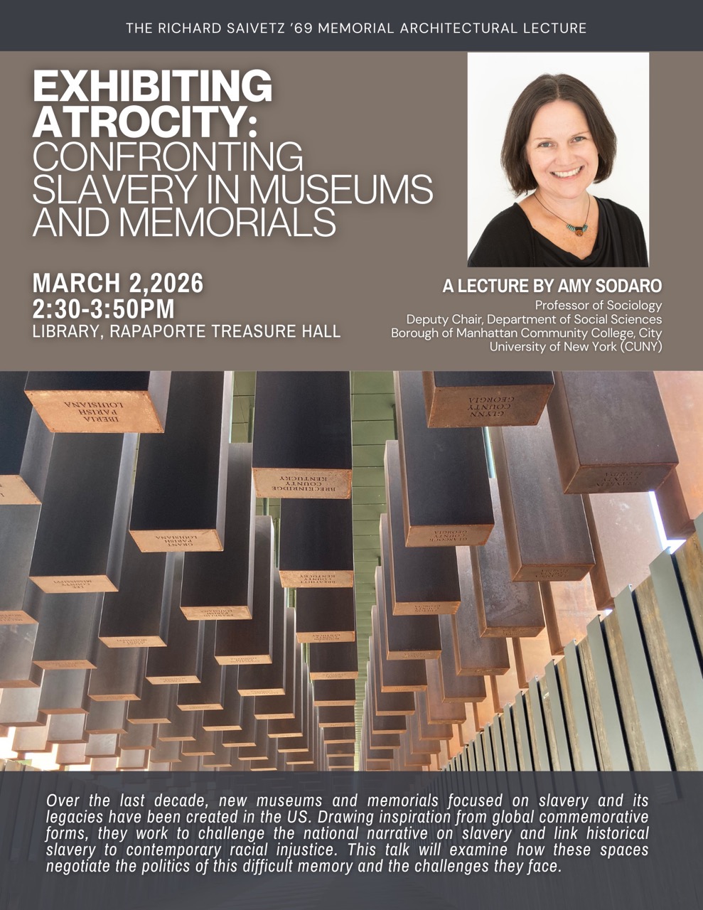 Flyer promoting Amy Sodaro: Exhibiting Atrocity: Confronting Slavery in Museums and Memorials