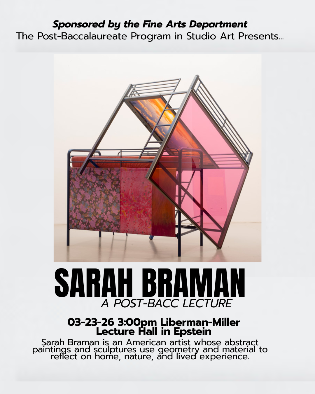 Image 1: In Bed (how do we sleep when the planet is melting?), 2016 Steel bunk beds, mattress, glass, aluminum frame, storm door, acrylic sticker, hand dyed bed sheets, acrylic and enamel paint, 103 × 108 × 98 in | 261.6 × 274.3 × 248.9 cm