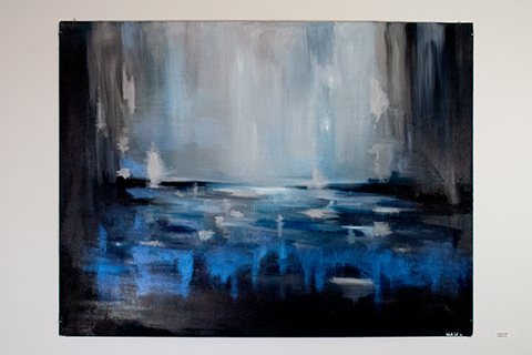 A two-foot tall by three-foot wide abstract painting that references a landscape. The color pallet stays within blues, uses whites and blacks, and utilizes a metallic sheen in the foreground to help give the painting space.